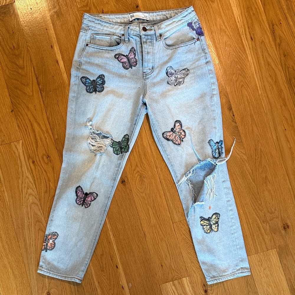 Vintage RSQ Light Blue Distressed Butterfly Boyfriend Jeans